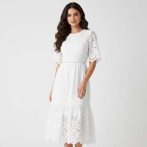 O.P.T. Anthropologie White Eyelet Mid Sleeve Midi Dress Medium Coquette Cottage